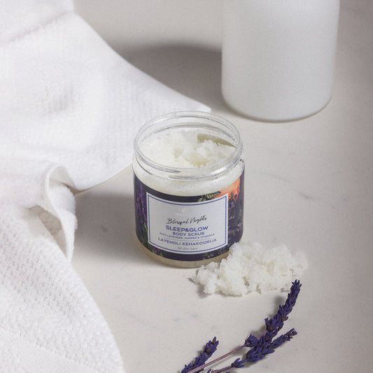 Gommage à la lavande. Pot et aperçu du produit