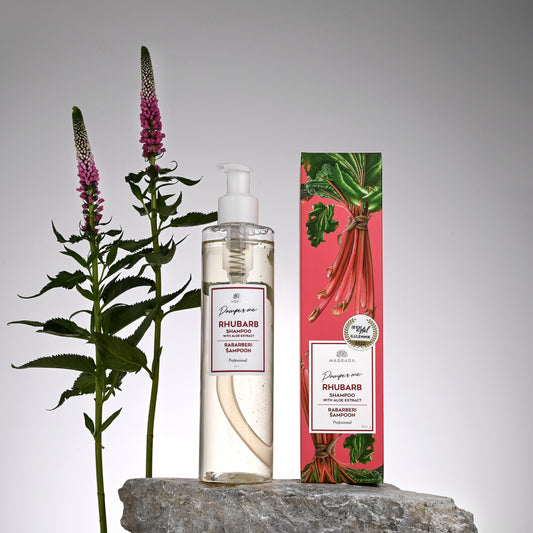 Shampoing à la rhubarbe avec sa boîte