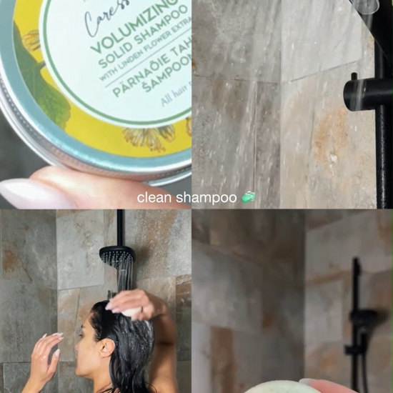 Femme brune qui prend une douche et se lave les cheveux avec le Shampoing Solide Tilleul et Bouleau Nordique.