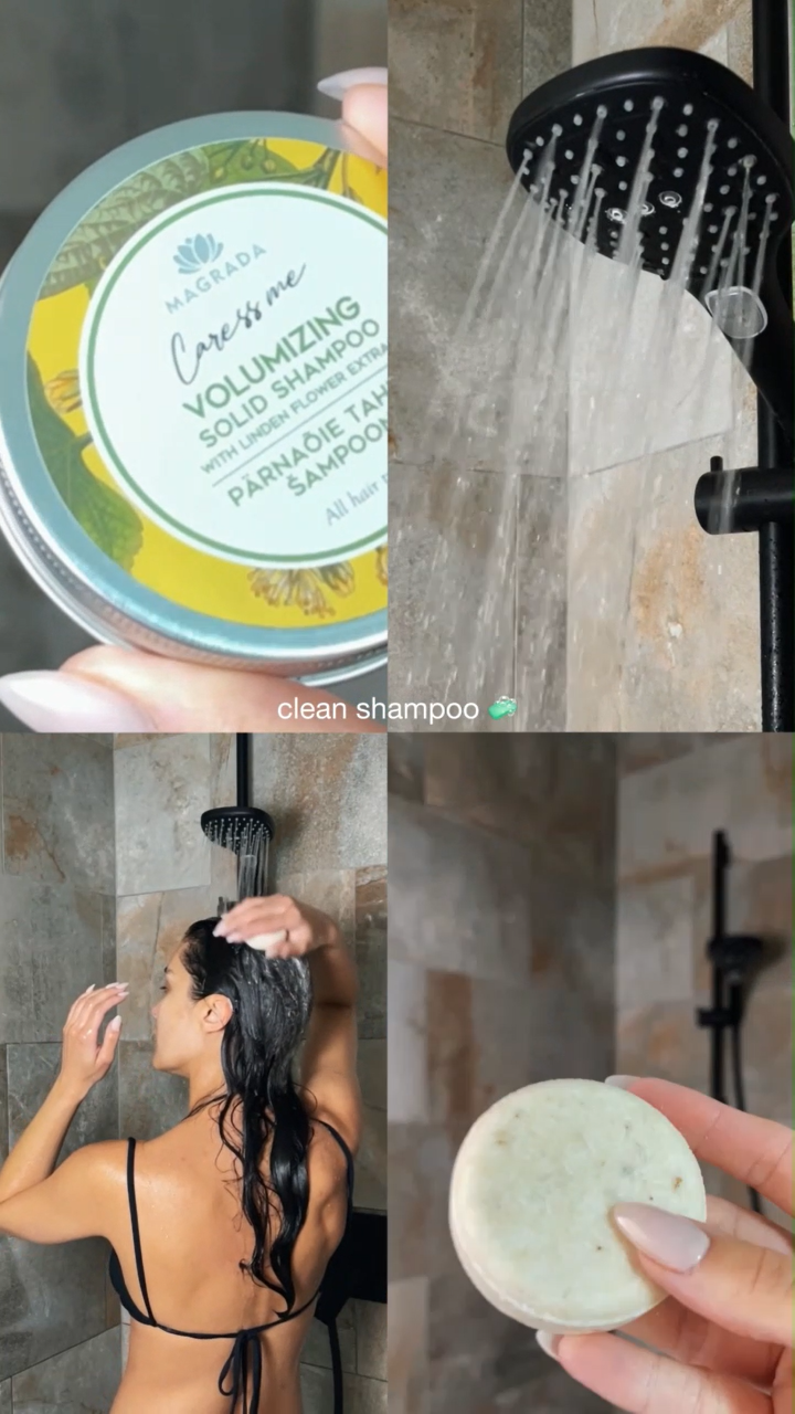 Femme brune qui prend une douche et se lave les cheveux avec le Shampoing Solide Tilleul et Bouleau Nordique.